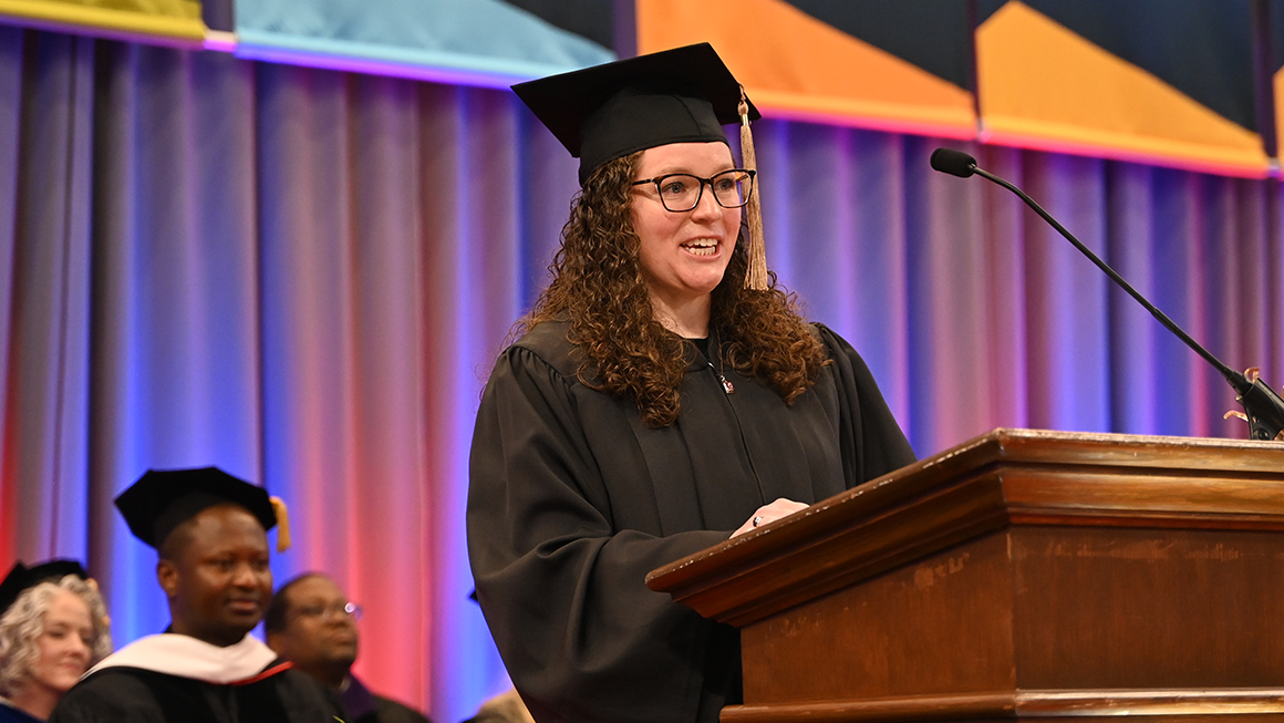 Gina Govojdean (B’12) speaking after receiving the Young Alumna Achievement Award.