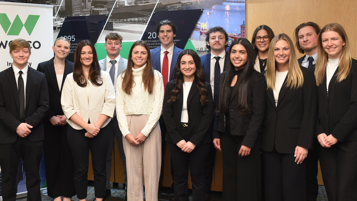 The Fall 2025 Strategic Management finalists preparing to present their findings at WESCO’s Pittsburgh office.