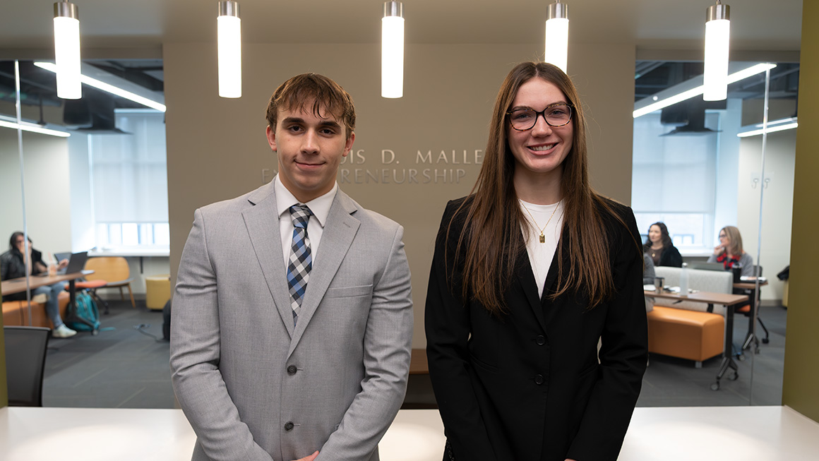 Congratulations to the 1st place team, Sullivan Hoffman (left) and Kaylie Baumgart (right), who proposed a personal finance podcast designed to improve financial literacy among young professionals.