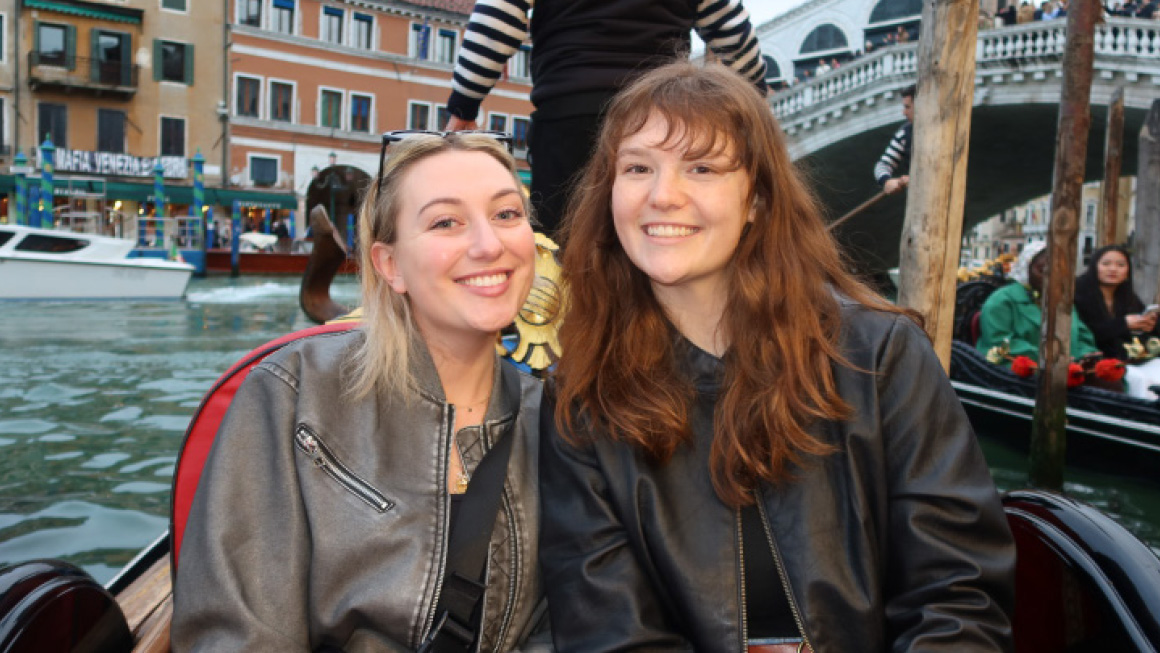 Sydney Moran and Emma Bean in a gondola in Venice