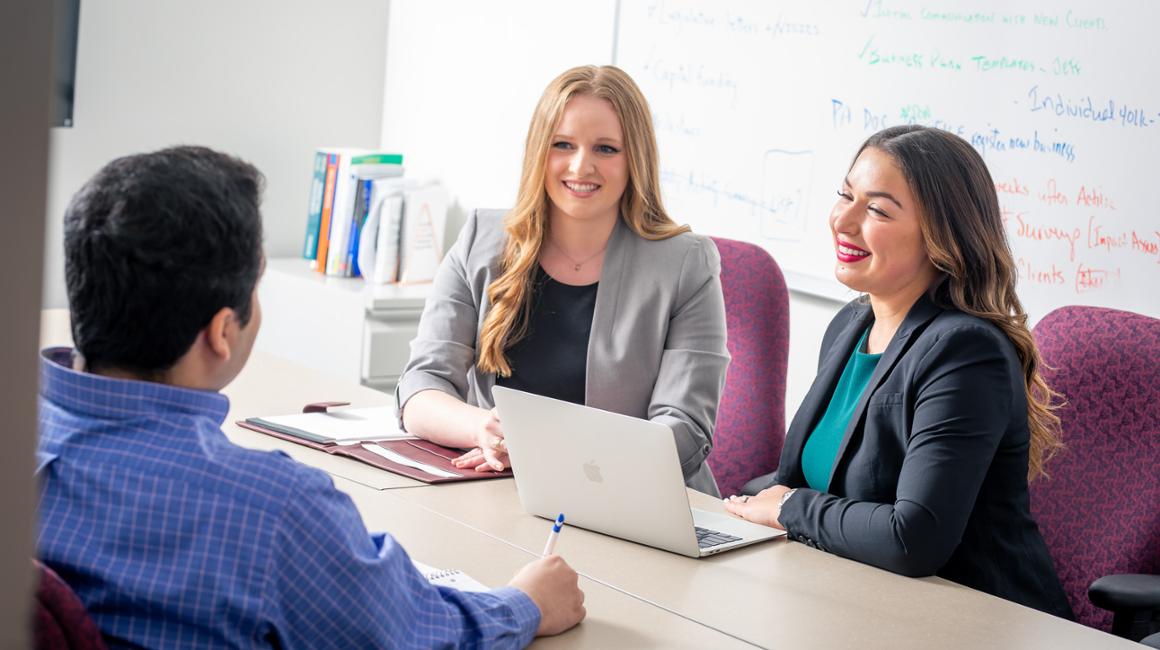 Two professional women in a business meeting.