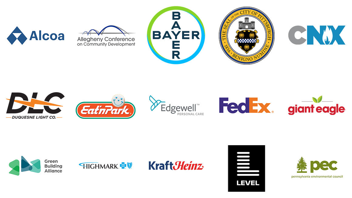 Image shows logos of part corporate partners including Alcoa, Allegheny Conference, Bayer, City of Pittsburgh, CNX Corp, Duquesne Light, Eat 'n Park, Edgewell Personal Care, FedEx Ground, Giant Eagle, Green Building Alliance, Highmark, Kraft-Heinz, Level Agency, PA Environmental Council