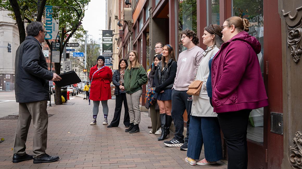 Graduate students on a tour of the Pittsburgh Cultural Trust downtown.