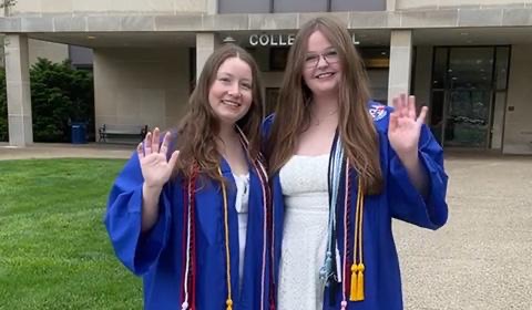 11:14 AMClaude responded: Allie Frazer and Molly Morgan, both members of the Class of 2026, wave and smile in blue graduation regalia outside College Hall on Duquesne University's bluff…Allie Frazer and Molly Morgan, both members of the Class of 2026, wave and smile in blue graduation regalia outside College Hall on Duquesne University's bluff campus.
