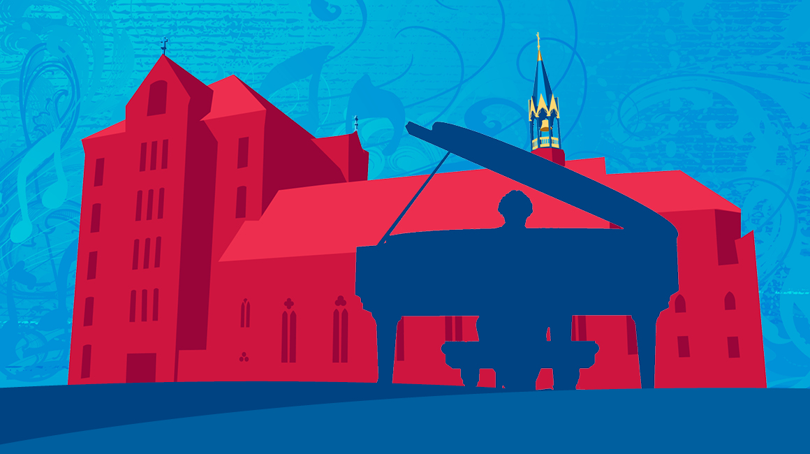 Graphic featuring a silhouette of a piano and pianist in front of a building.