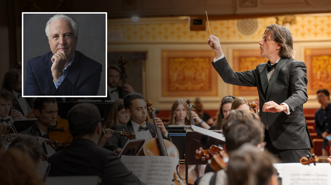 A person conducts an orchestra and a headshot of a person smiling is overlaid.