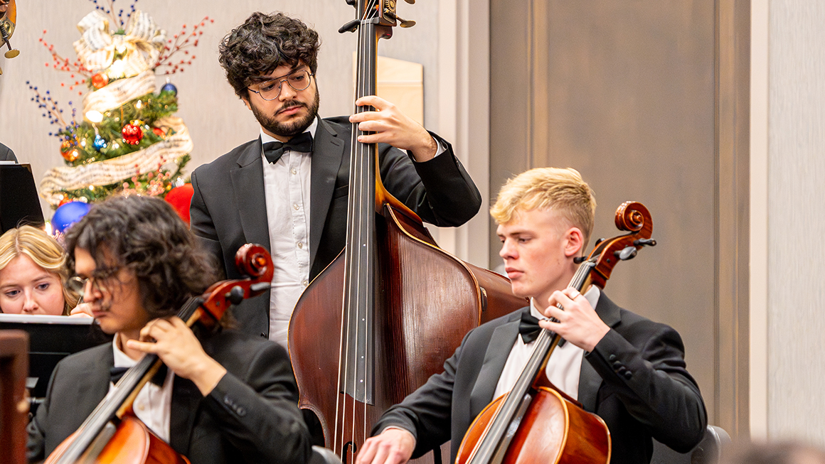String section performs with double bass and cellos framed by holiday décor.