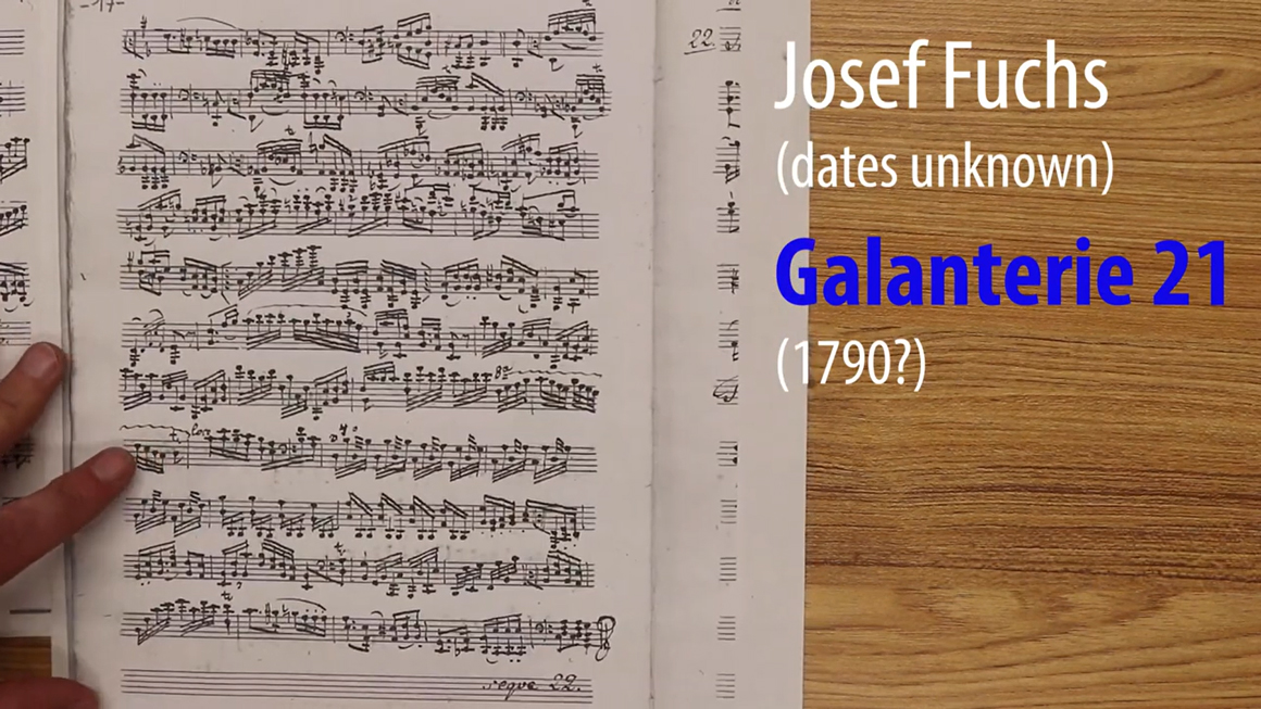 Sheet music and text reading Josef Fuchs (dates unknown) Galanterie 21 (1790?).