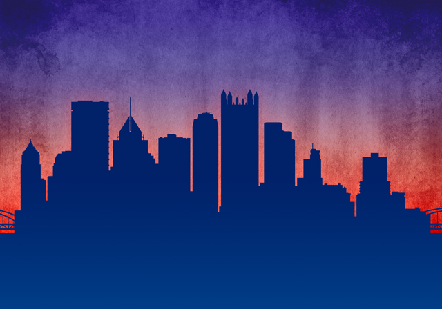 Graphic featuring a silhouette of the Pittsburgh skyline on a textured sunset background.