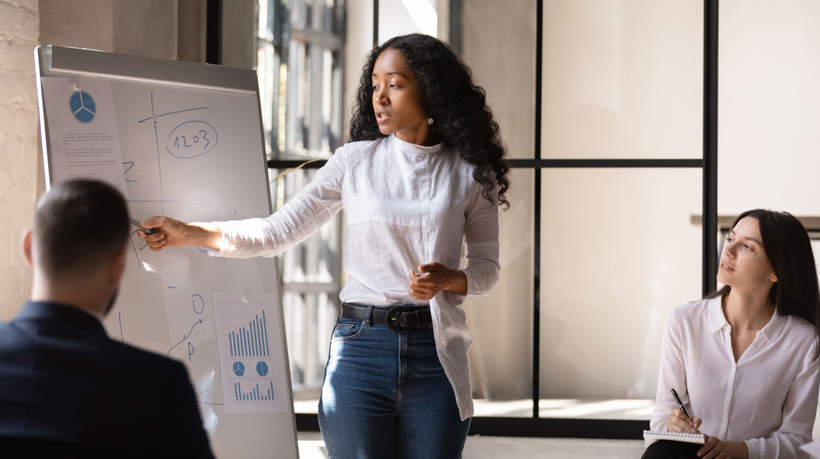 woman presenting at white board to two seated colleagues