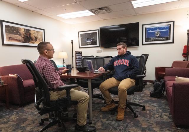 Student veteran Joshua Gallagher meeting with Duquesne admissions counselor Christopher Boissonnault
