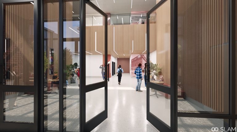 Architectural rendering of the entry doors and lobby for the new health sciences facility.