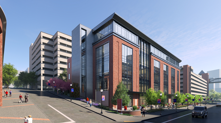 Architectural rendering of the exterior of the new health sciences facility.