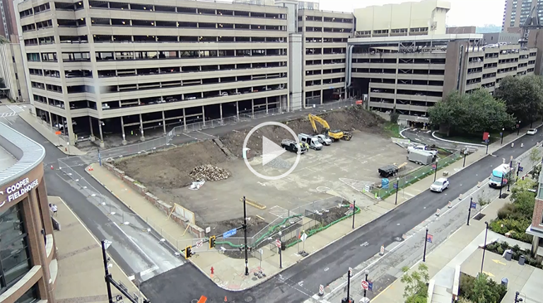 Screenshot from the health sciences building time lapse camera that includes Forbes Avenue.
