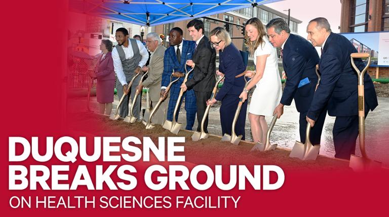YouTube video title card of ceremonial groundbreaking moment with words Duquesne Breaks Ground on Health Sciences Facility.