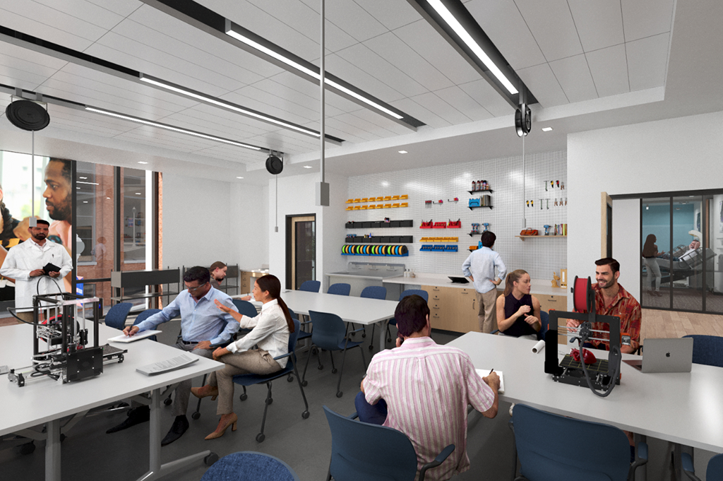Architectural rendering of a makerspace classroom