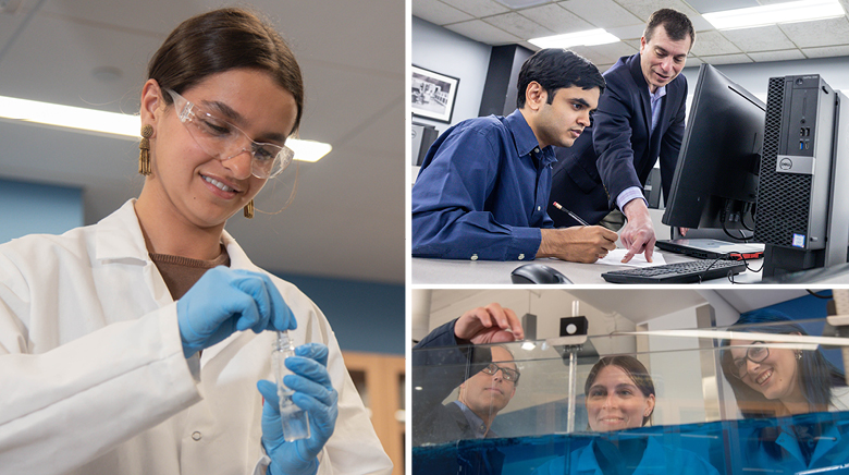 Collage of three images of Duquesne students in sciences class settings
