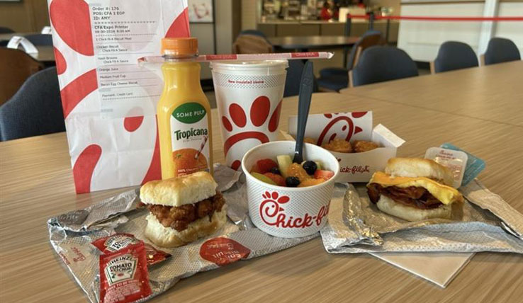 Chick-fil-A breakfast items are displayed on a table.