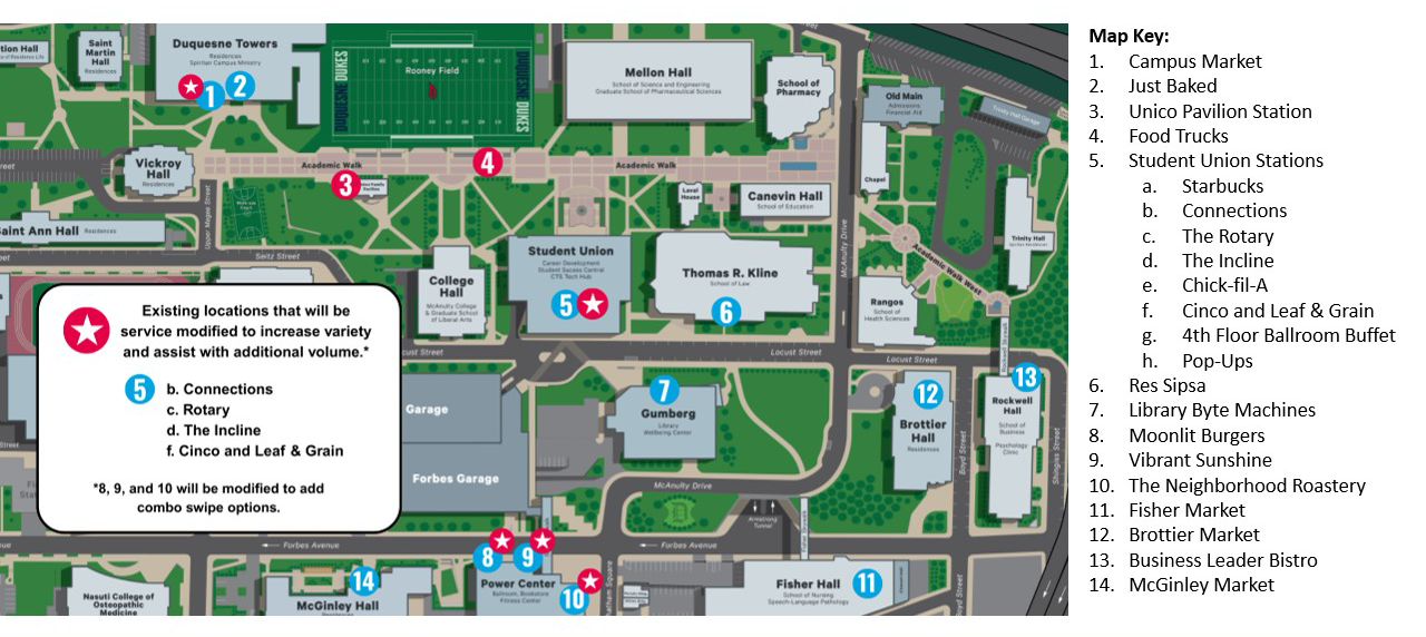 Dining locations on campus map.