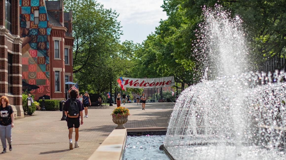 Students walking outside on campus