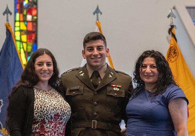 Zach at Duquesne's 2024 Army ROTC Commissioning Ceremony with his sister, Ava Marini, and mother, Noelle Marini