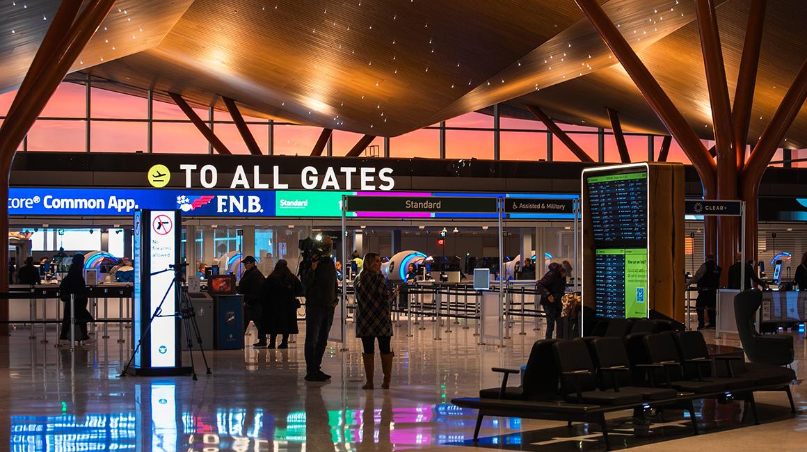 Pittsburgh International Airport terminal in the evening