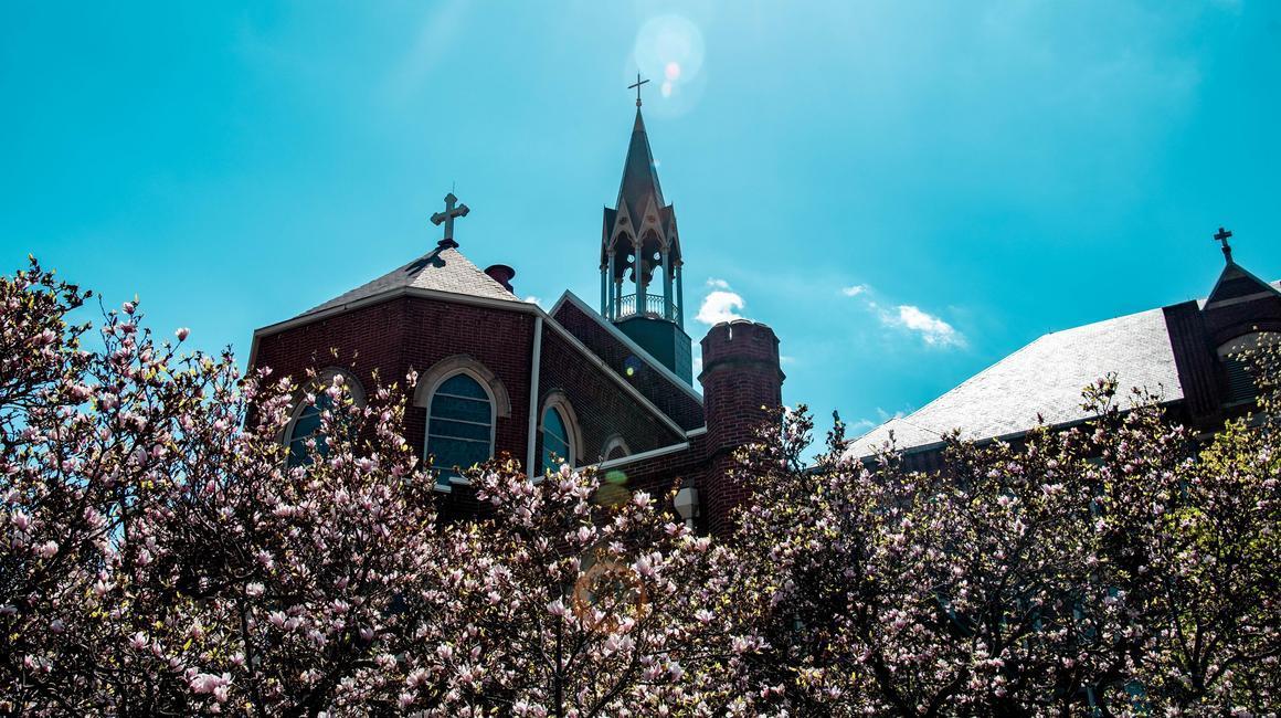 Trees bloom against a backdrop of the Chapel of the Holy Spirit on Duquesne's campus