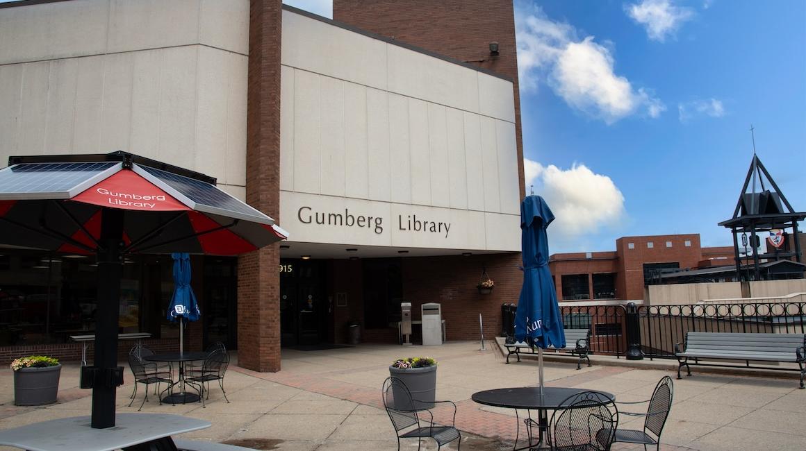 Outside photo of Gumberg Library