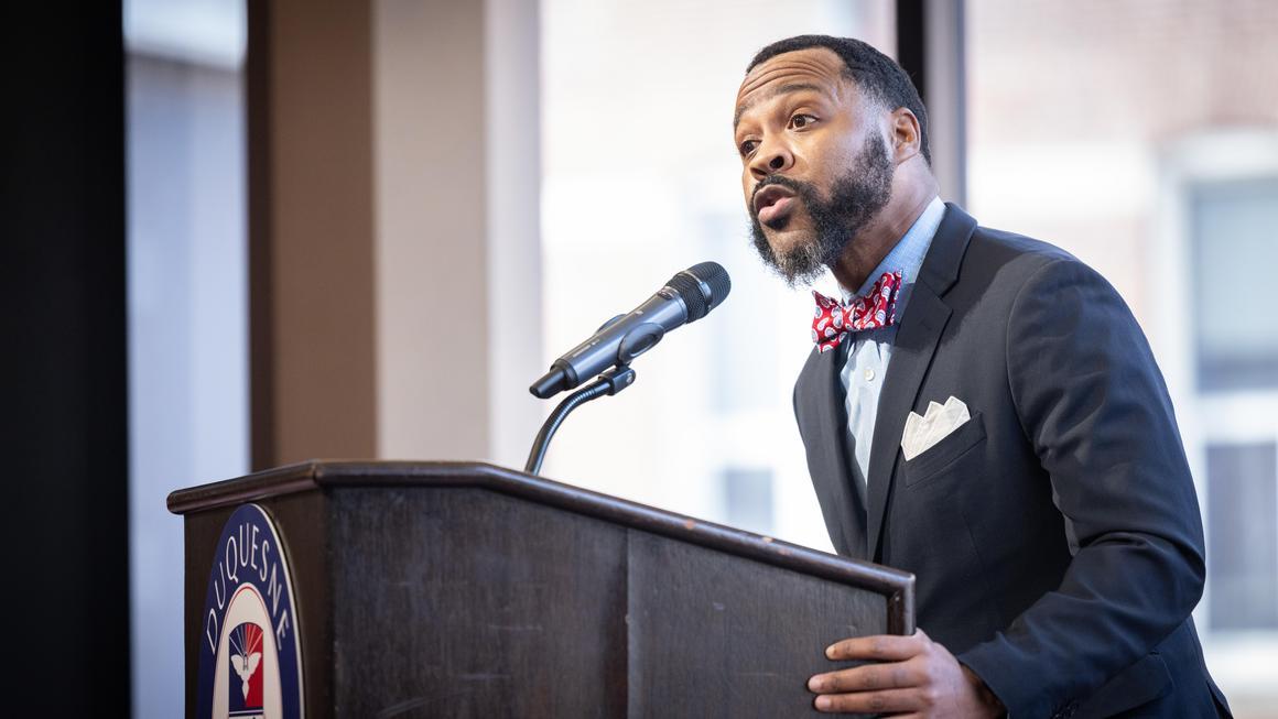 Dr. Quincy Stephenson speaking at the MLK Unity Walk 2026 program